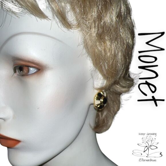 Exquisite Monet Round Earrings - Black and White Enamel with Gold Tone Metal - Picture 3 of 9